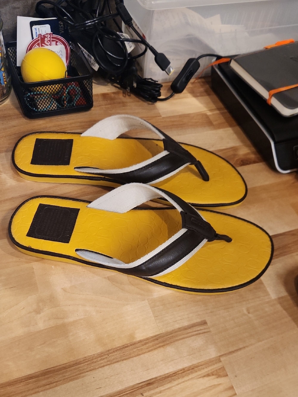 Coach Men's Yellow and Black Coach Flip-Flop Sandals with White Accents
